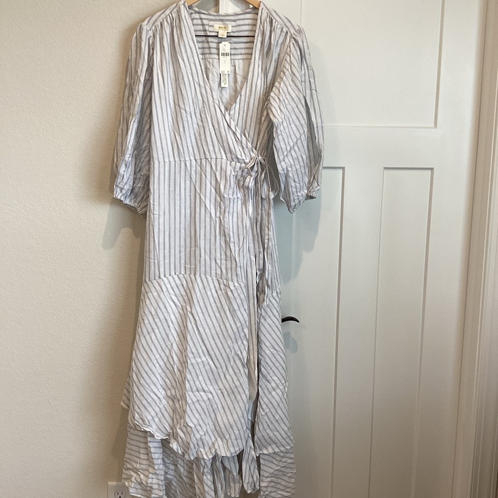 Anthropologie Maeve Tiered Linen Asymmetrical Wrap Dress NEW Large Grey Stripe - Picture 5 of 15